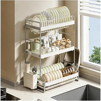 Dish Drying Rack with Drain Board - Rust Proof Stainless Steel Countertop Organizer for Plates, Bowls, Cups & Cutlery - Space Saving Kitchen Dishes Drying Stand3 Tier