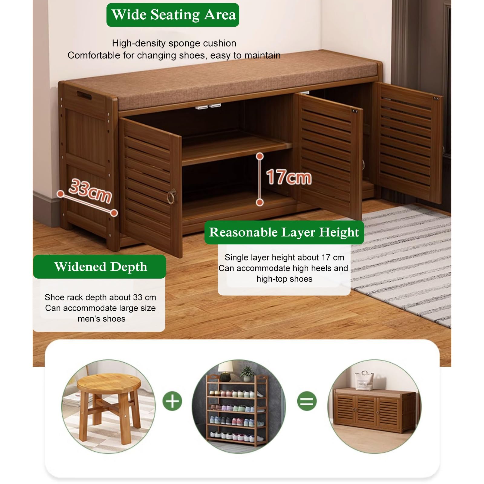 Banco de bambú para zapatos con 2 puertas, banco de entrada y zapatero para vestíbulo, para entrada en casa, diseño que ahorra espacio