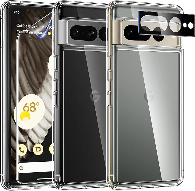 TAURI 5 in 1 for Google Pixel 7 Pro Case 6.7 inch, and 2 Pack Soft TPU Screen Protector + 2 Pack Camera Lens Protector [Military Grade Protection] Anti-Yellow Shockproof Protective Cover - Clear