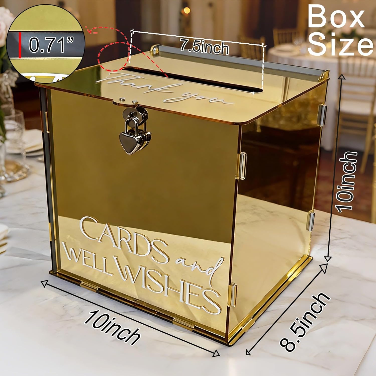 Acrylic Gold Card Box with Lock & Slot, Metallic Golden Classy Wedding Card Boxes for Reception, Luxury Money Gift Cards Box for Party Engagement Bridal Shower Luxury Wedding Table Decor