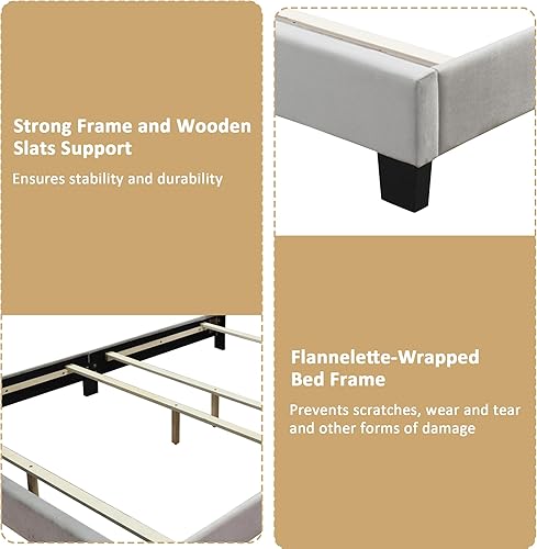 Miniatura 6 de Base de cama de plataforma tamaño Queen con cabecero, base de colchón con listones de madera fuertes, sin ruido, no necesita somier, fácil montaje,