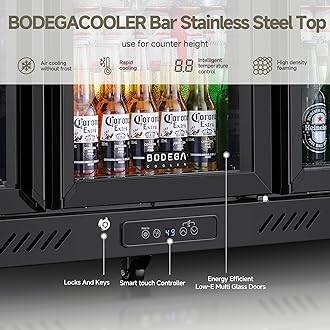 BODEGACOOLER Commercial Bar Cooler With 3 Glass Doors,12 Cu.Ft Counter Height Back Beverage Refrigerator,Display Bar Fridge with LED Lighting,Beverage Cooler for Beer Stainless Steel Top,With Casters