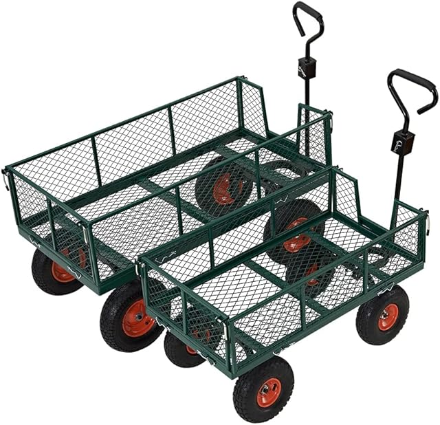 Heavy Duty 700KG Green Garden Trolley Mesh Cart Wagon Dump Wheelbarrow Tipper Truck 4Wheel,L121*D61cm