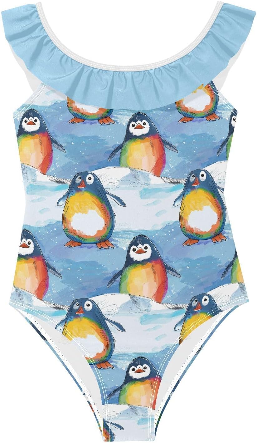 visesunny Girls One Piece Swimsuits Ruffle Swimwear Funny Cartoon Penguin Bathing Suits for Girls 3-6Y
