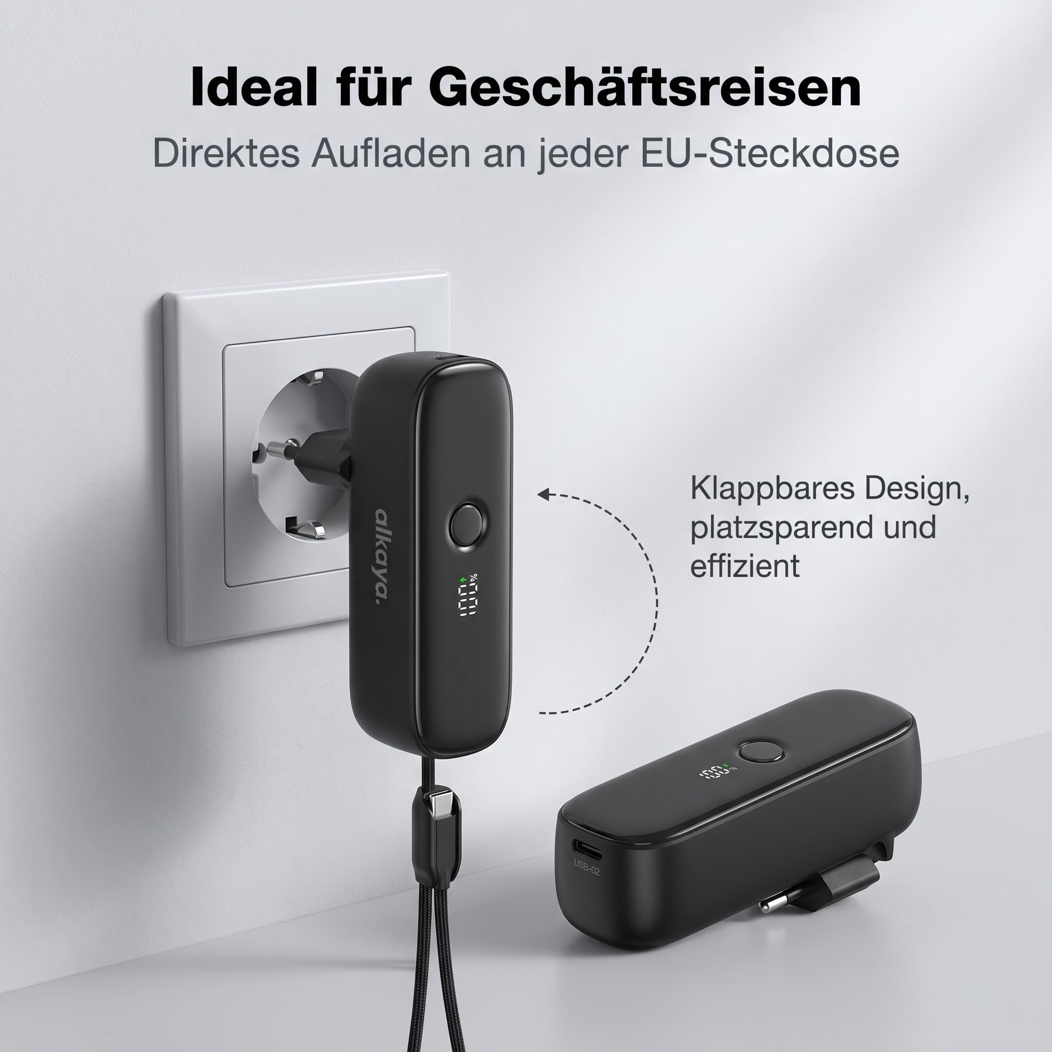 Alkaya Banque d'alimentation 2 en 1 5000 mAh avec prise murale UE pliable, charge super rapide USB-C 22 W, indicateur de pourcentage LED, seulement 157 g, batterie externe portable pour bureau, voyage