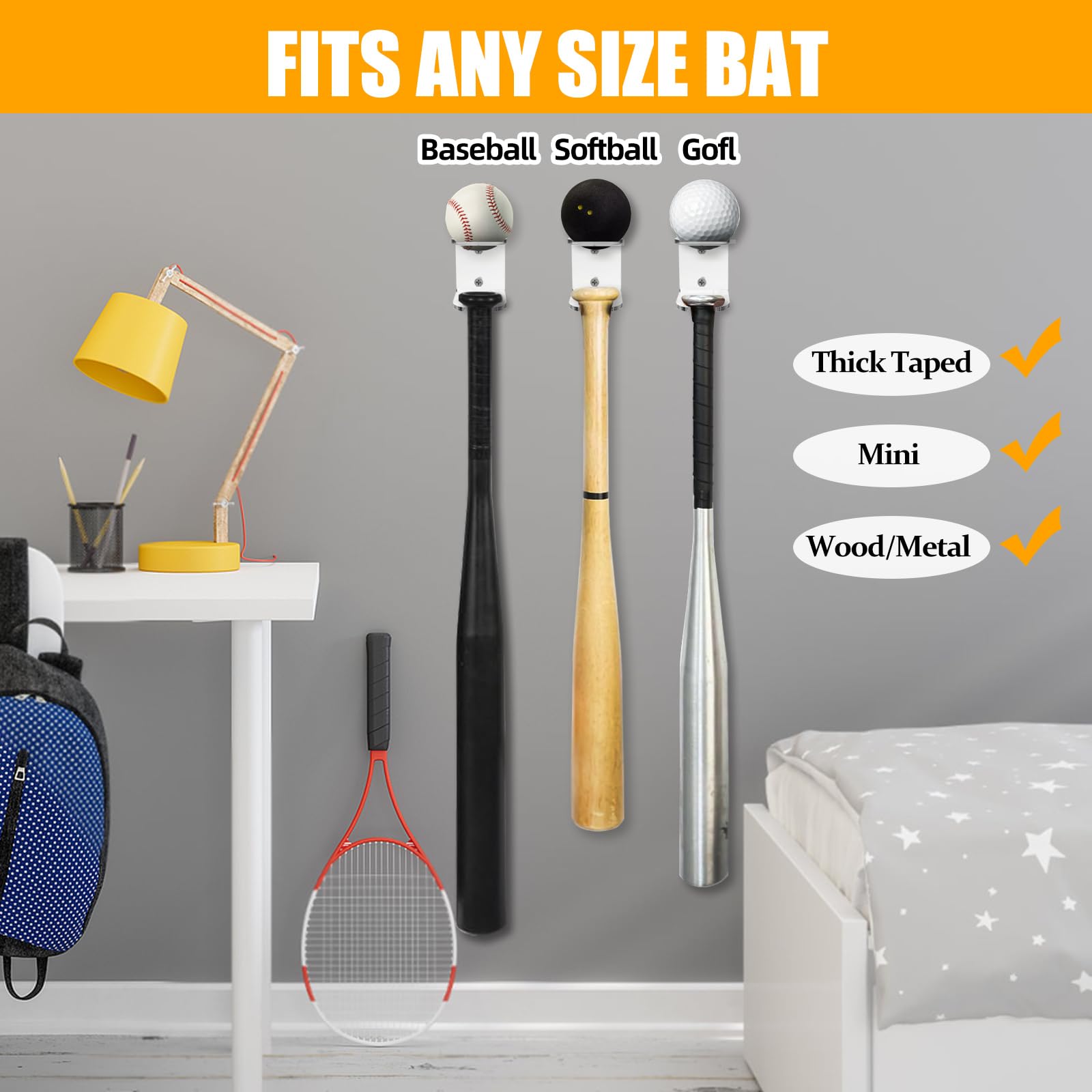 Lot de 2 supports muraux pour rangement de batte de baseball en acrylique - Organisateur d'équipements de sport pour présenter des raquettes et des balles à la maison ou au stade de baseball