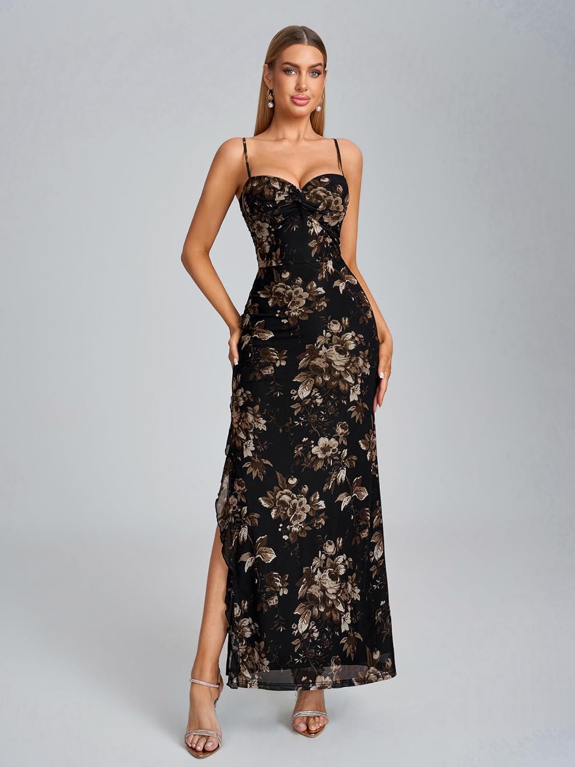 EYNMIN Formal Maxi Wedding Guest Dresses for Women Spaghetti Strap Bow Tie Ruffle Bodycon Slit Mesh Cocktail Long Dress