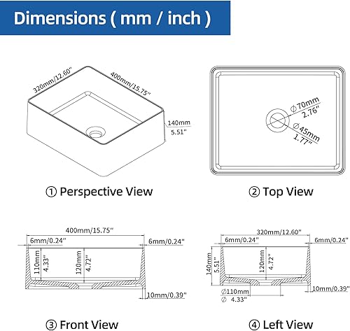 Miniatura 4 de Cpingao Lavabo de baño de 16 x 13 pulgadas, rectangular sobre encimera de resina blanca de piedra blanca, lavabo de arte con drenaje emergente