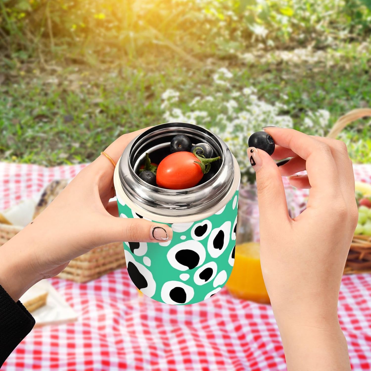 Black and Green Leopard Print Stainless Steel Vacuum Insulated lunch box for kids with spoon for girls pasta