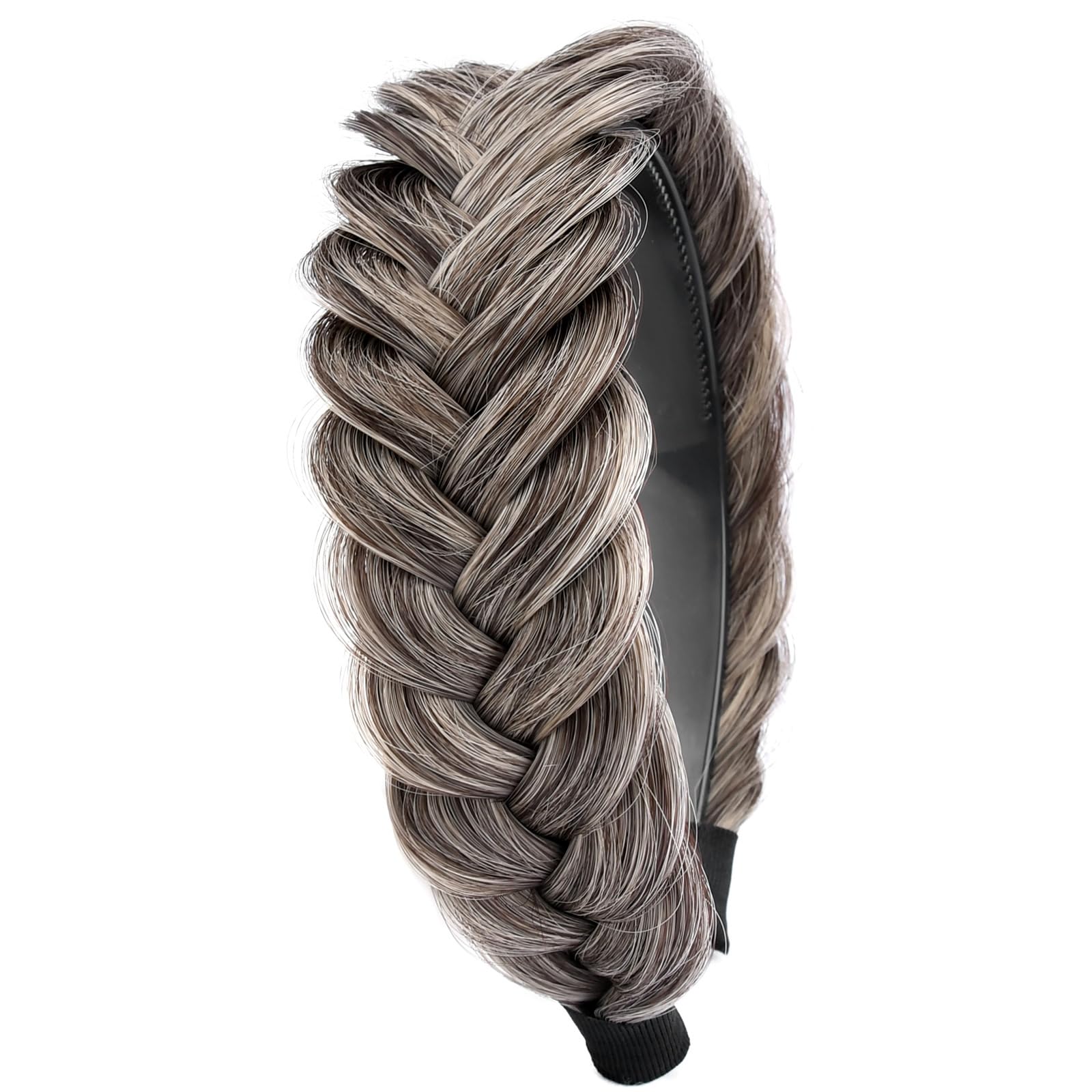 GLEDOLA Wide Messy Braided Headband with Teeth Synthetic Hair Plaited Headband High Elasticity Braids Chunky Fishtail Braided Hair Band Hairpiece for Girls Women (Gray Brown)