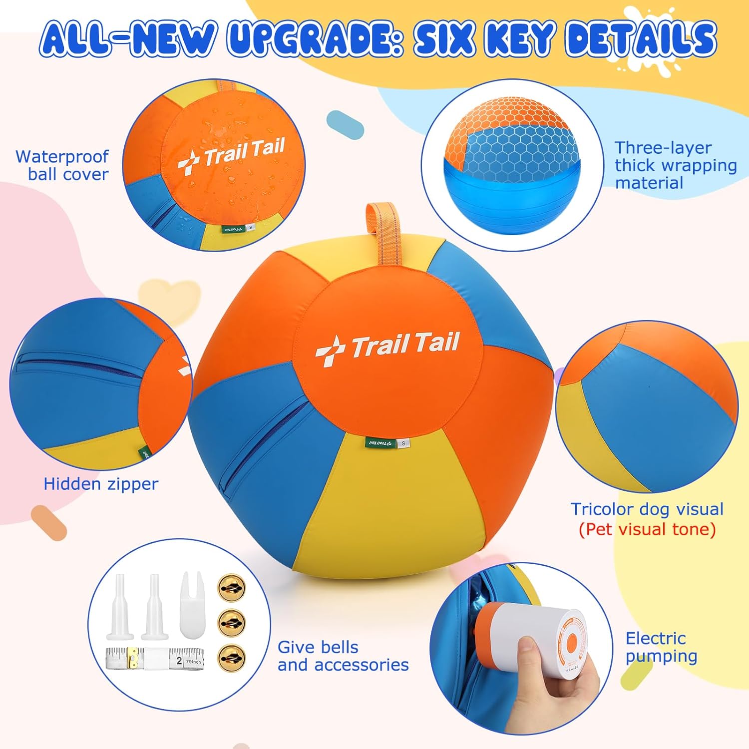 Trail Trail Herding Ball for Dogs,25” Large Indestructible Dog Ball with Electric Pump,Horse Dog Herding Toys for Australian Shepherd Collie/Medium/Large Dogs(Waterproof Tri-Color Upgraded Cover)