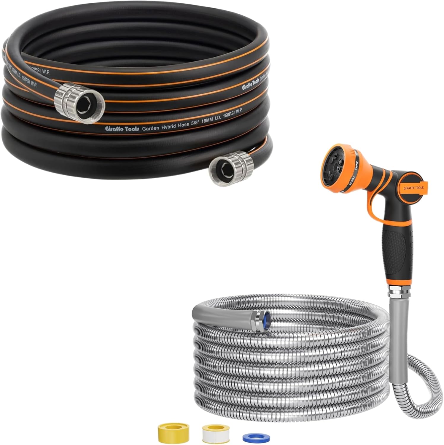 Giraffe Tools Garden Hose 25ft x 5/8", 304 Stainless Steel Metal Water Hose and Leader Hose 8ft x 5/8", Custom Length, Heavy Duty, No Kink, Flexible, Leakproof, Male to Female Fittings, 600 Burst PSI