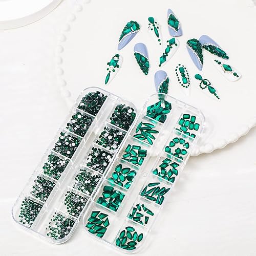 Miniatura 4 de HNUIX - Diamantes de uñas de 3D con múltiples formas y tamaños, gemas de uñas verde esmeralda, con respaldo plano, con kit, para arte de uñas,