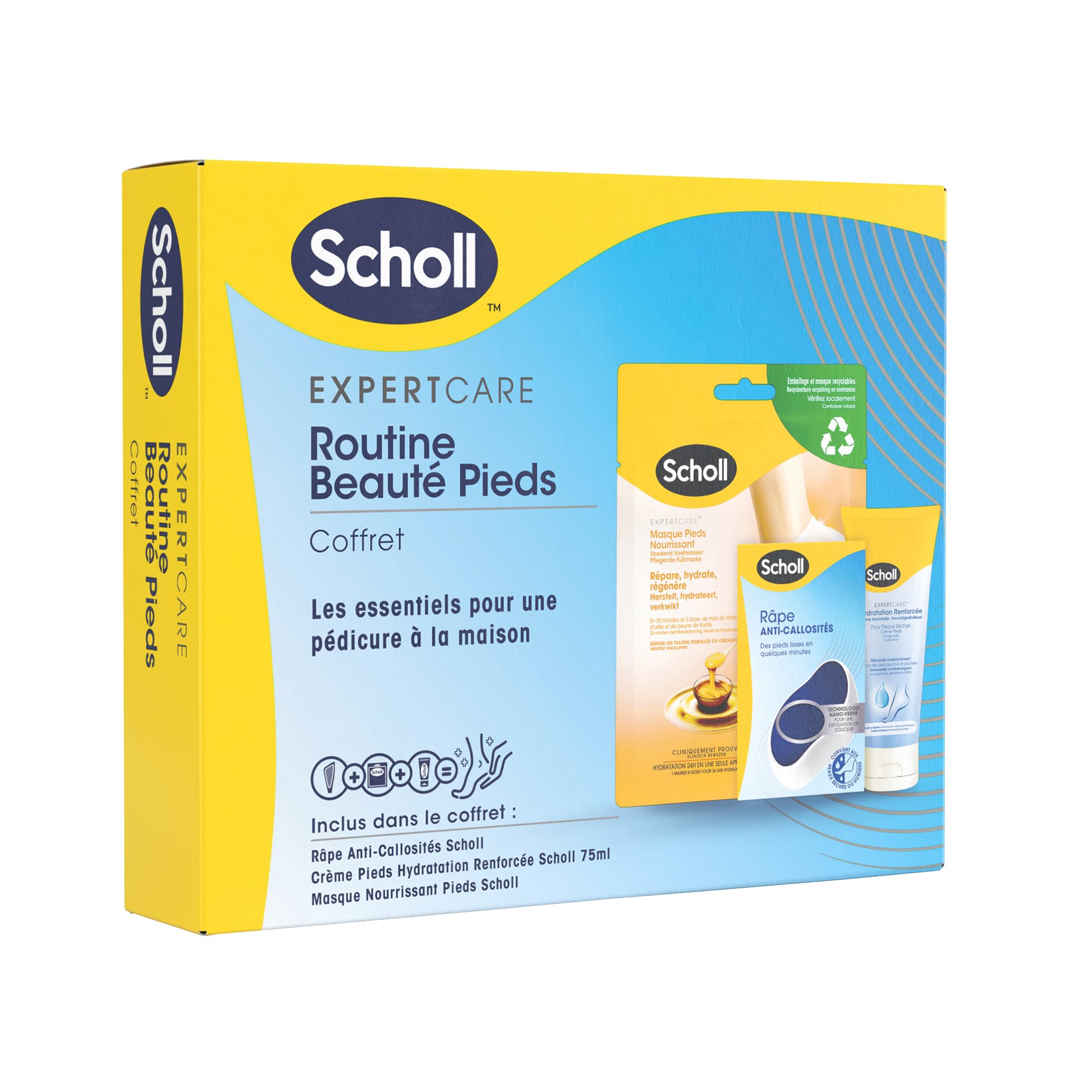 Scholl Routine Beauty Pies – Estuche que incluye una máscara para pies nutritiva con miel de manuka, un rallador anticallos tecnología Nano-Glass y una crema de pies de hidratación reforzada 75 ml