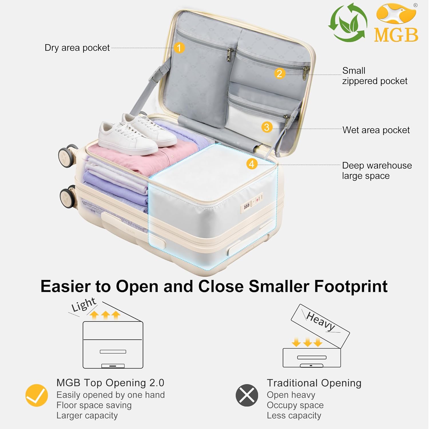 MGB 20 Inch Expandable Carry On Luggage with Wheels Hard Shell Suitcase Top Opening Travel Luggage Suitcases for Woman Men Gifts (Cream)