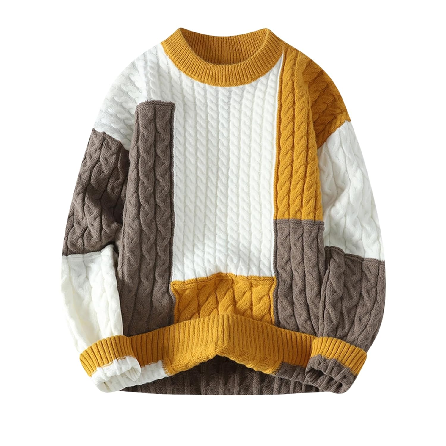 GURUNVANI Mens Patchwork Sweater Colorblock Knit Jumper Vintage Cable Knitted Pullover Sweater