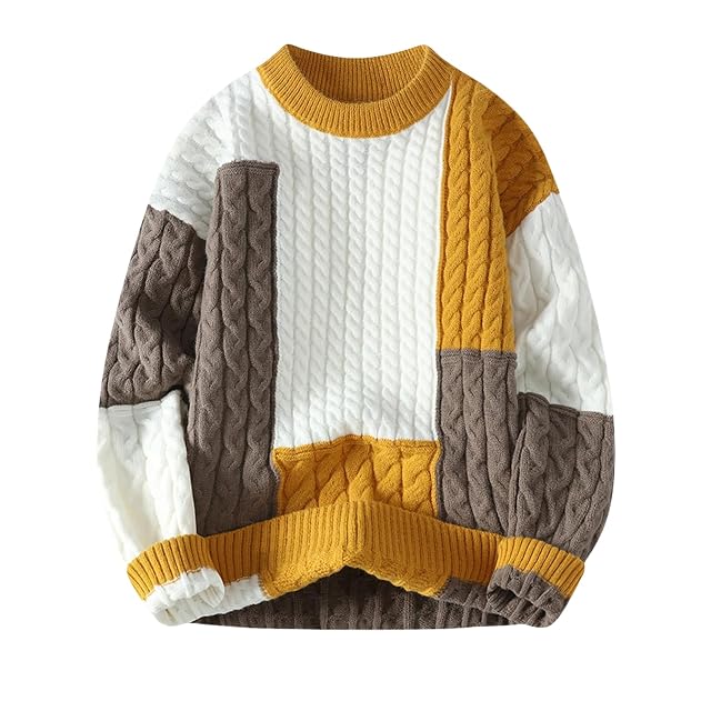 GURUNVANI Mens Patchwork Sweater Colorblock Knit Jumper Vintage Cable Knitted Pullover Sweater