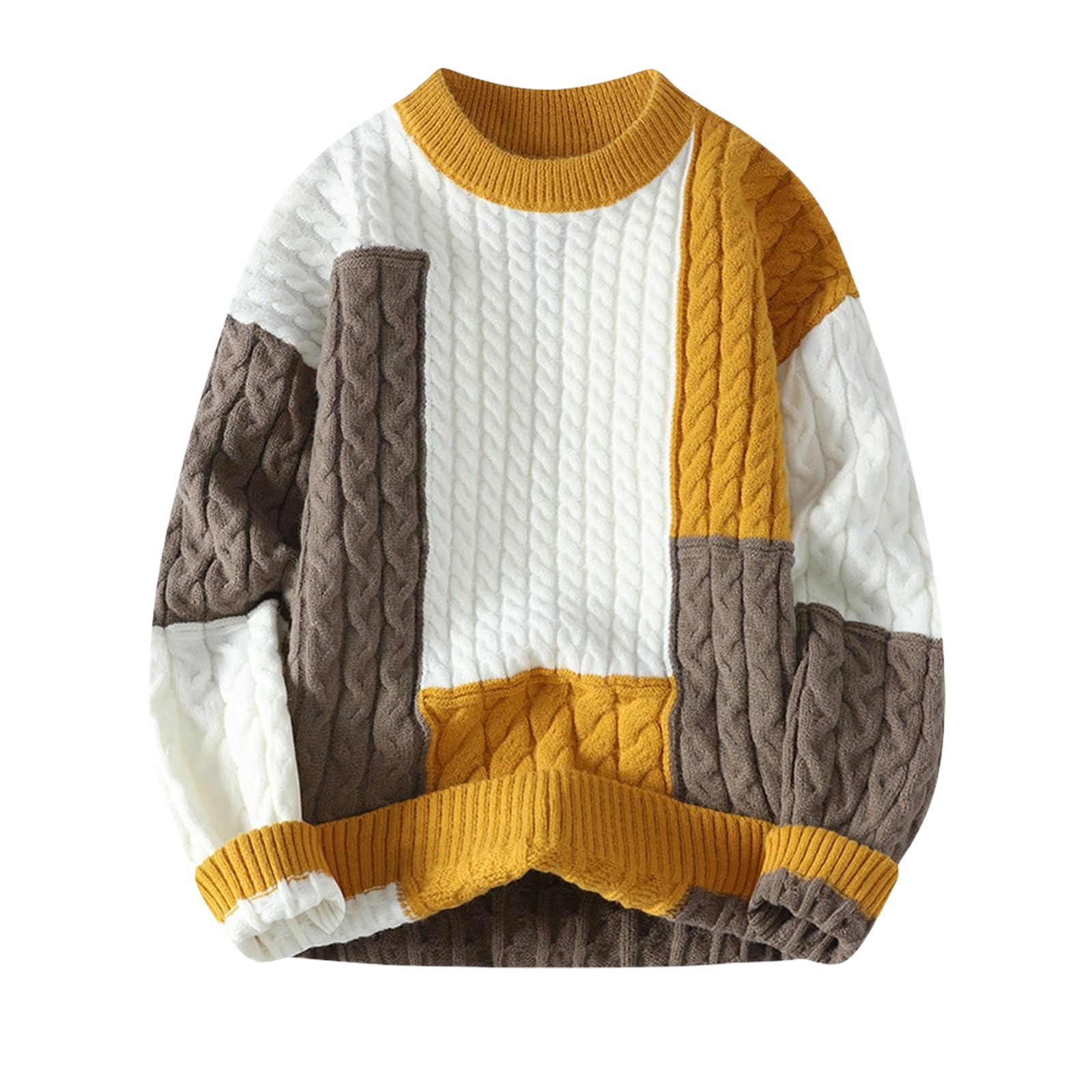 GURUNVANI Mens Patchwork Sweater Colorblock Knit Jumper Vintage Cable Knitted Pullover Sweater