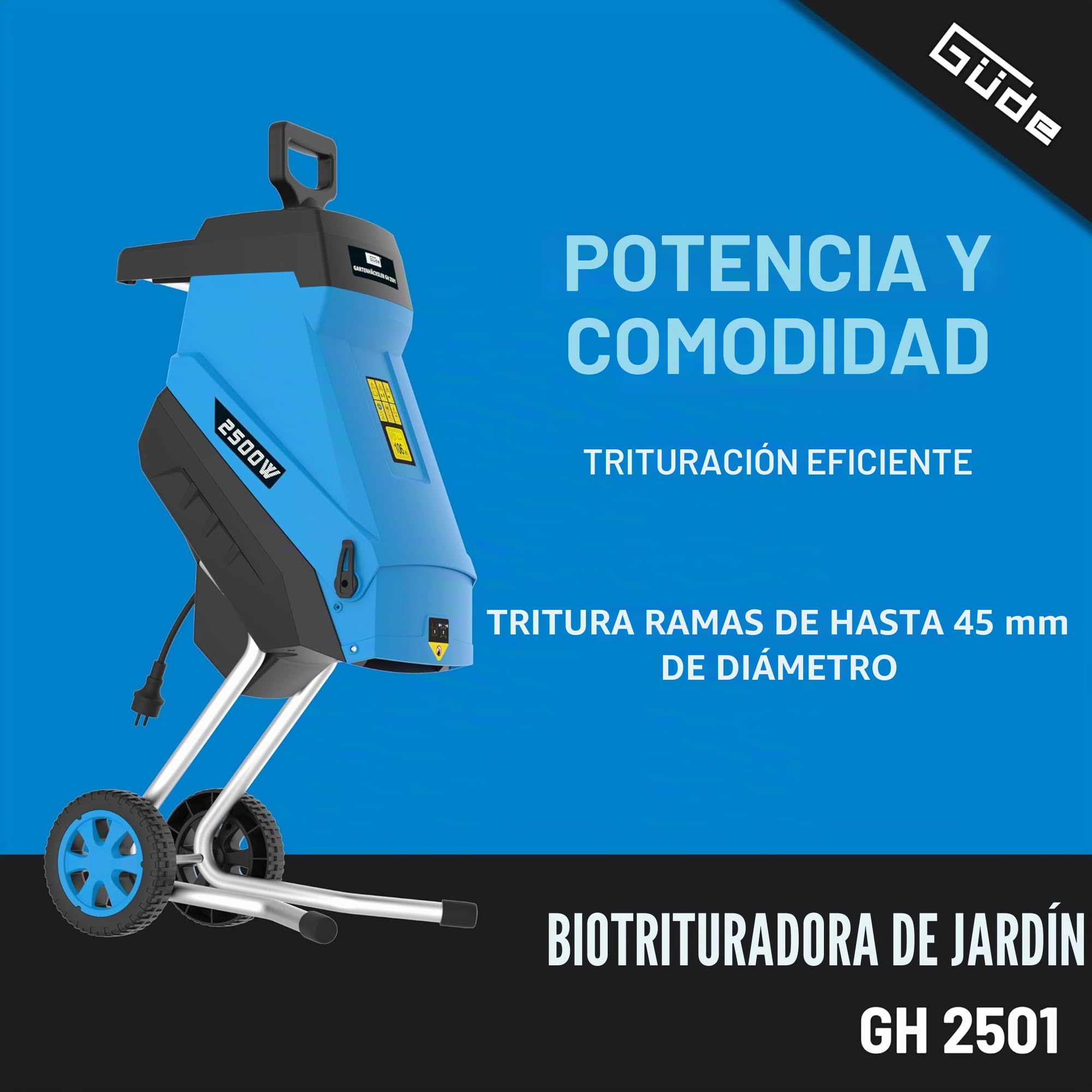 Güde Trituradora de jardín GH 2501 (2500 W, tecnología de cuchilla, bajo mantenimiento, autoalimentación, ruedas de transporte, protección contra sobrecarga, grosor máximo de rama 45 mm, incluye saco