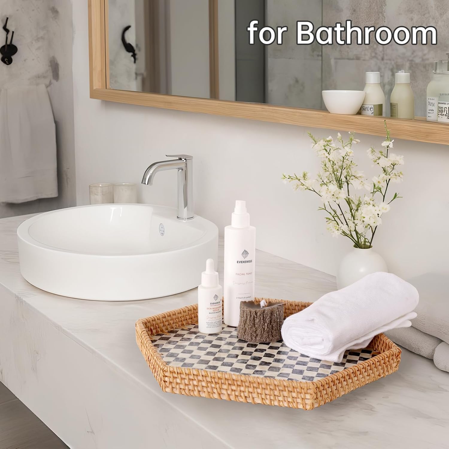 Hexagon Rattan Tray with Mother of Pearl Inlay, Rattan Serving Tray for Coffee, Bread, Fruits, Snacks, Decorative Wicker Tray for Table Decor, Home Decor (Black Checker, 14.5"×12.8") - Image 8