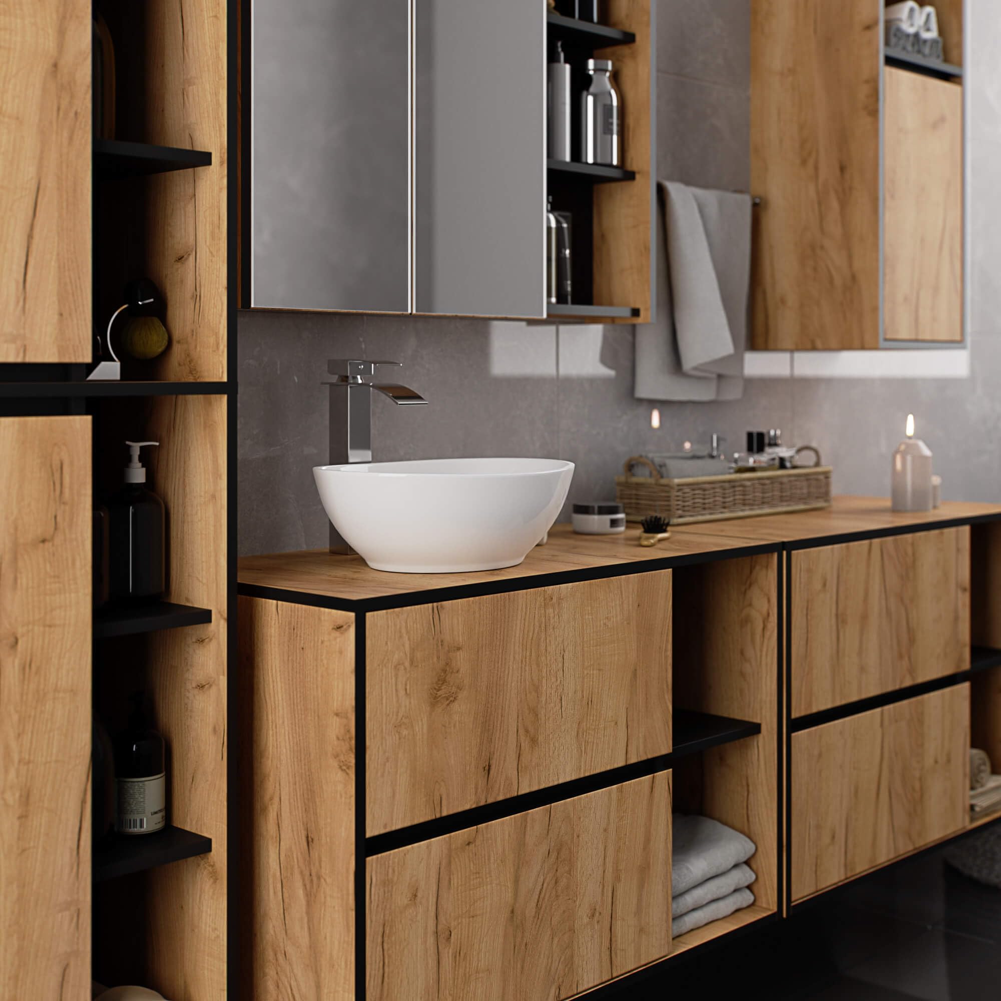 AKORD Meuble sous Vasque Salle de Bain VAMI 90 cm - sous-Lavabo Mural avec 2 Tiroirs - Rangement Pratique et Élegant - pour Vasque à Poser - 90x60x45,5 cm - Chêne Craft & Noir