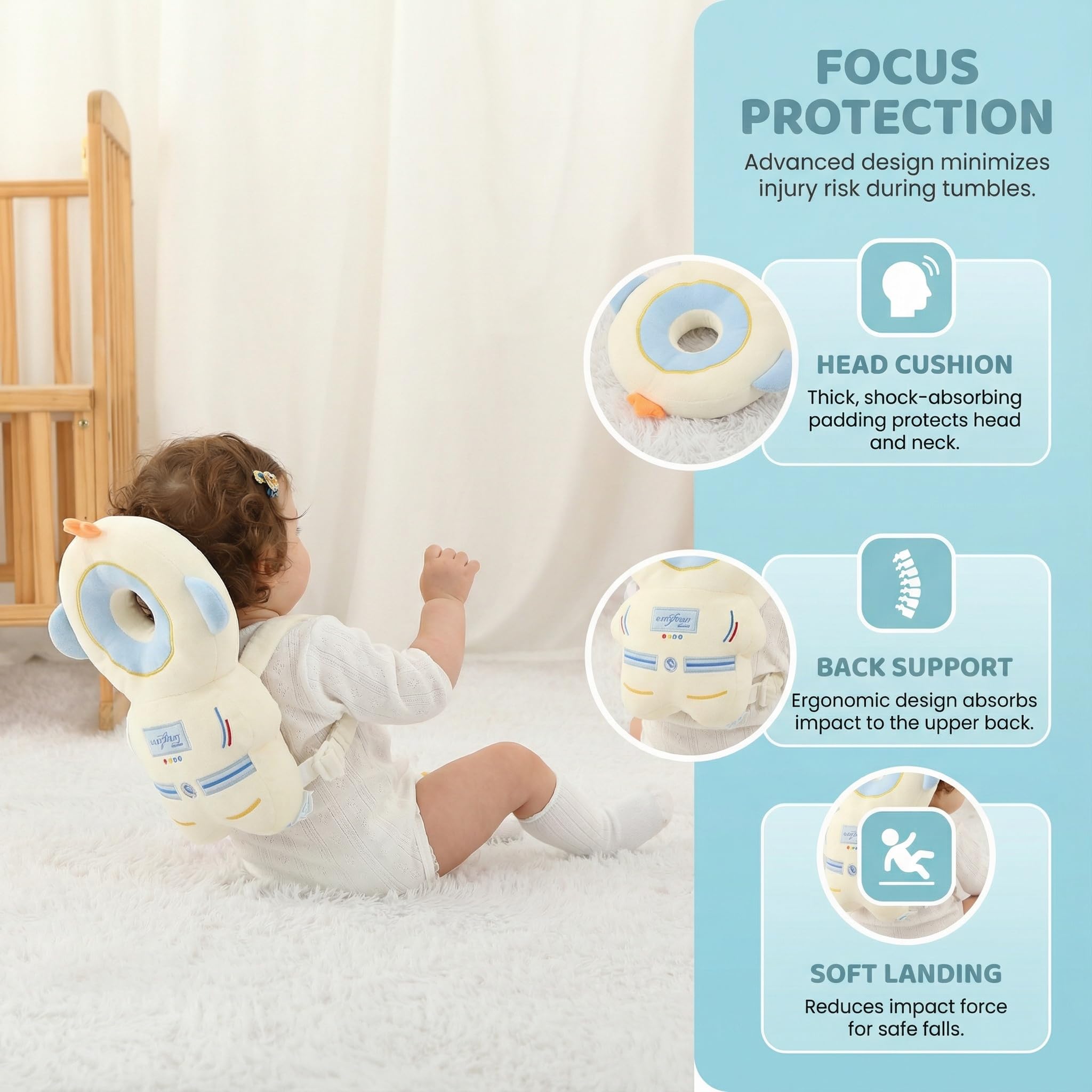 Mochila protectora de cabeza de bebé, almohada de protección suave y ligera para Bebe caminar y gatear (astronauta