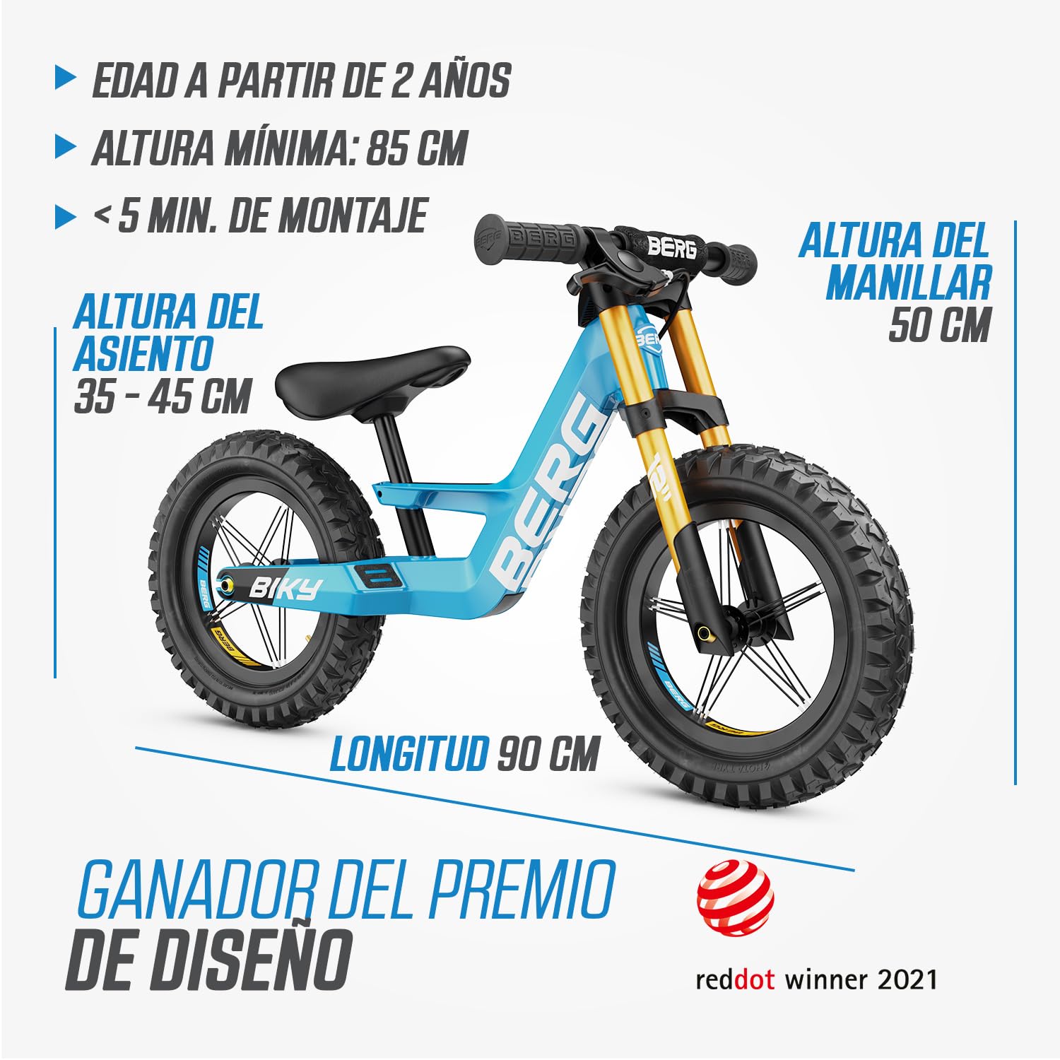 BERG Bicicleta sin Pedales Biky | 2,5-5 años, 12 pulgadas, con freno de mano, cuadro ligero de magnesio, ruedas hinchables