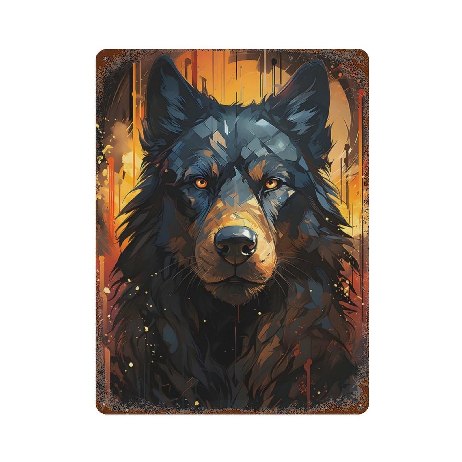 Black Wolf Painting Rustic Tin Plaque 15.7"x11.8", Industrial Home Decor for Pub, Kitchen And Man Cave Decor
