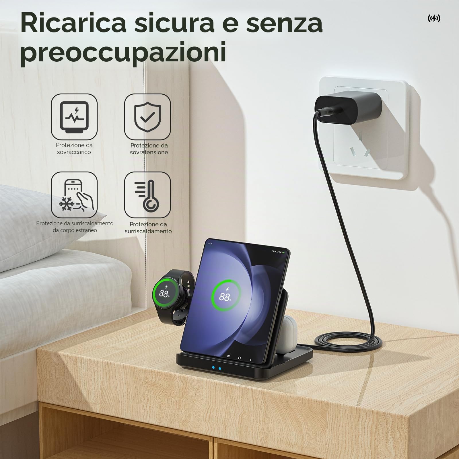 Qoosea 15W Caricatore Wireless con Samsung Z Fold 5/4/3/2, Stazione di Ricarica Wireless per Galaxy Z Flip/S24/S23/S22/iPhone/Google, Caricabatteria Senza Fili con Galaxy Watch 6/5/4/Active/Buds