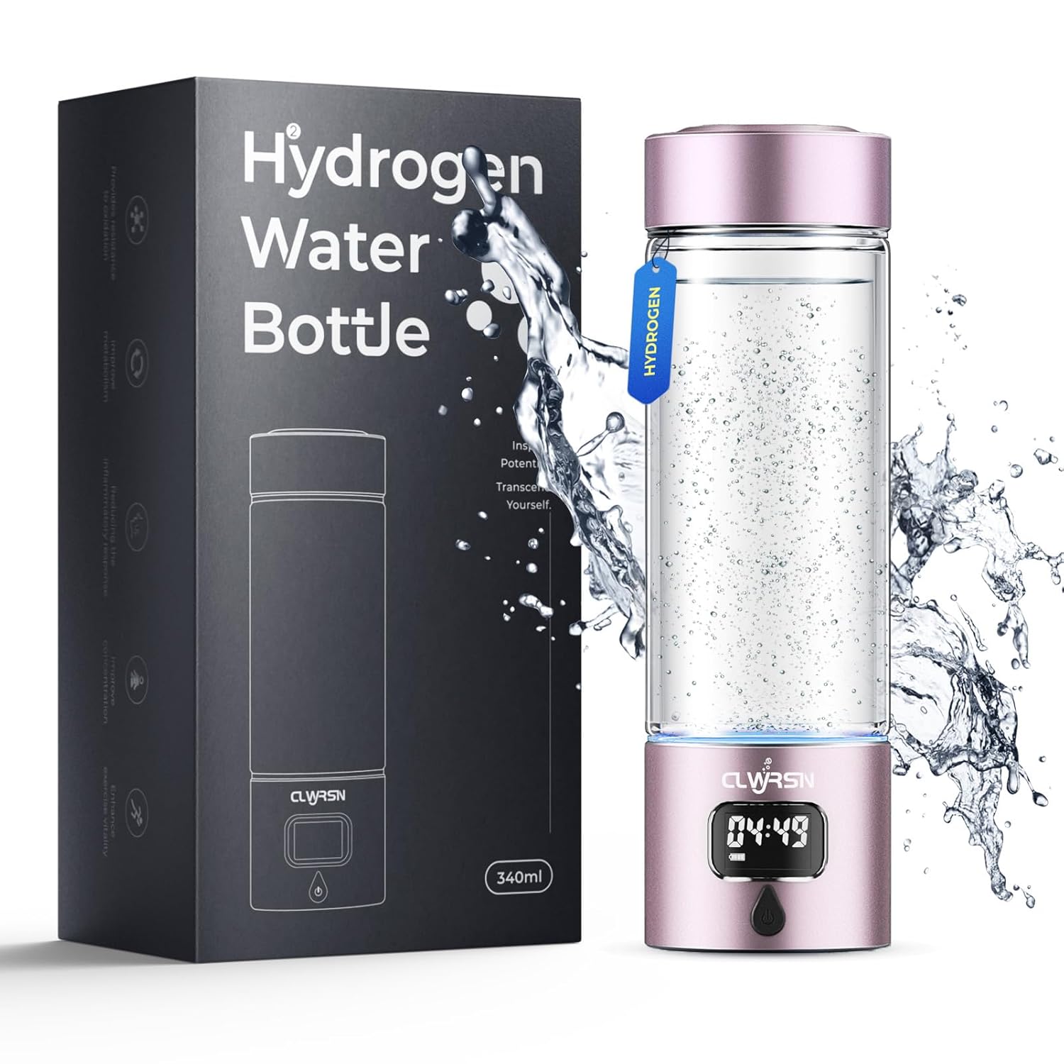 Hydrogen Water Bottle, Portable Glass Hydrogen Water Bottle Generator Machine — SPE/PEM Technology — Athletic Performance & Hydration System — for Gym, Sports, Travel & Outdoor, 11.5Oz (Pink)