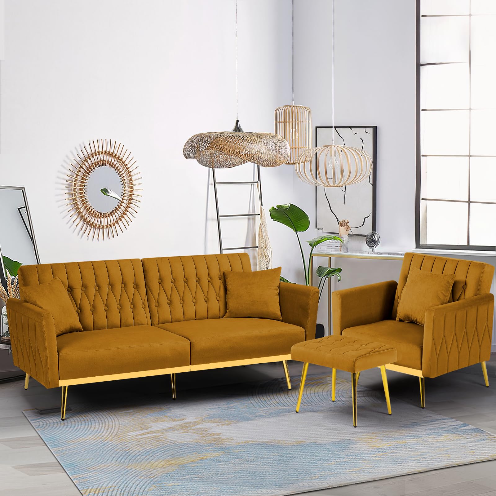 ACMEASE 2 Pieces Velvet Sofa Set with Adjustable Armrest and Backrest, 70” Convertible Futon Sofa Bed & Mordern Accent Chair with Ottoman for Living