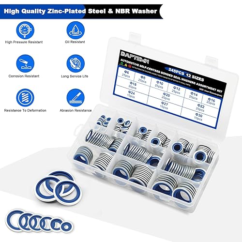 Miniatura 4 de Daptemn 245 arandelas Dowty de sello métrico, arandelas de goma autocentradas en zinc NBR, juego surtido de juntas tóricas, incluye tamaños de M6-M30