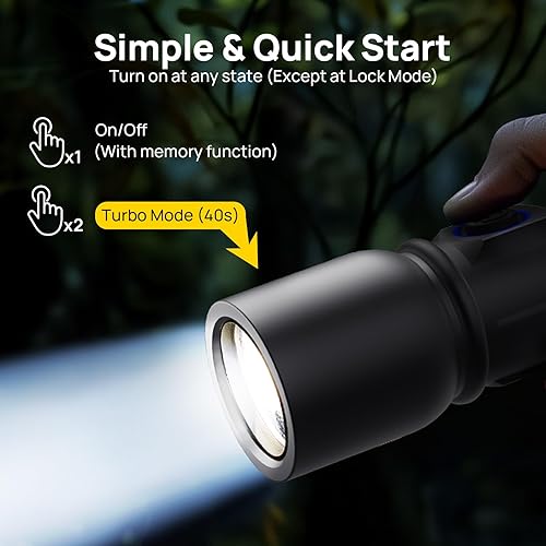 Miniatura 2 de Consciot Linterna recargable con un clic de encendidoapagado, máx. 1200 lúmenes, 7 modos ajustables incluyendo modo de bloqueo, potente luz de flash