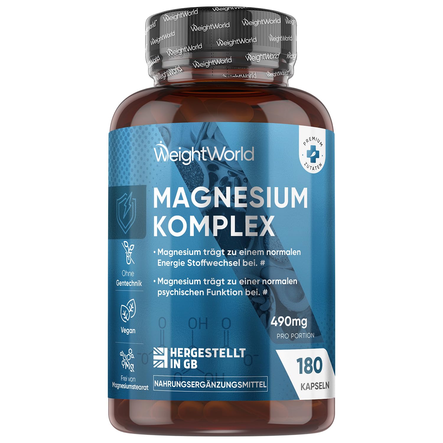 Magnesium Komplex - 490mg pro Portion - 3 Monate Vorrat - Mit Magnesium Bisglycinat, Citrat, Malat, Taurat & Leucin - Alternative zu Tabletten oder Pulver - 180 vegane Kapseln - WeightWorld