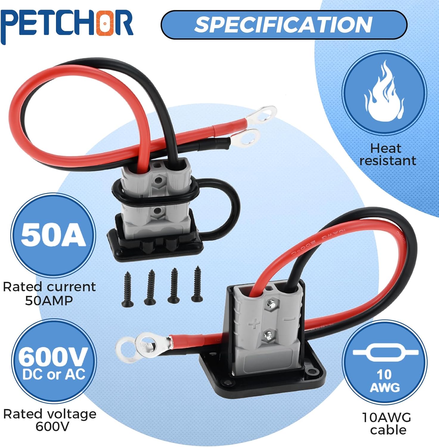 50Amp Battery Quick Disconnect Connector, 10AWG Cable Wire Harness Plug Connector, Battery Cable Connector with 15" Cord for Car RV Truck Winch Trailer (2PCS)