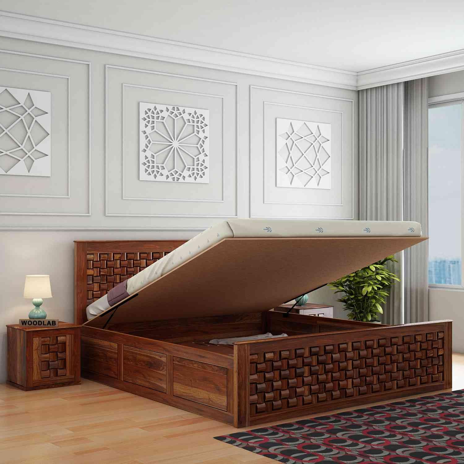 WOODLAB Furniture Solid Sheesham Wood Niwar King Size Bed with Hydraulic Storage Wooden Double Bed Furniture Palang for Bedroom Living Room Home (Honey Finish)-image-44