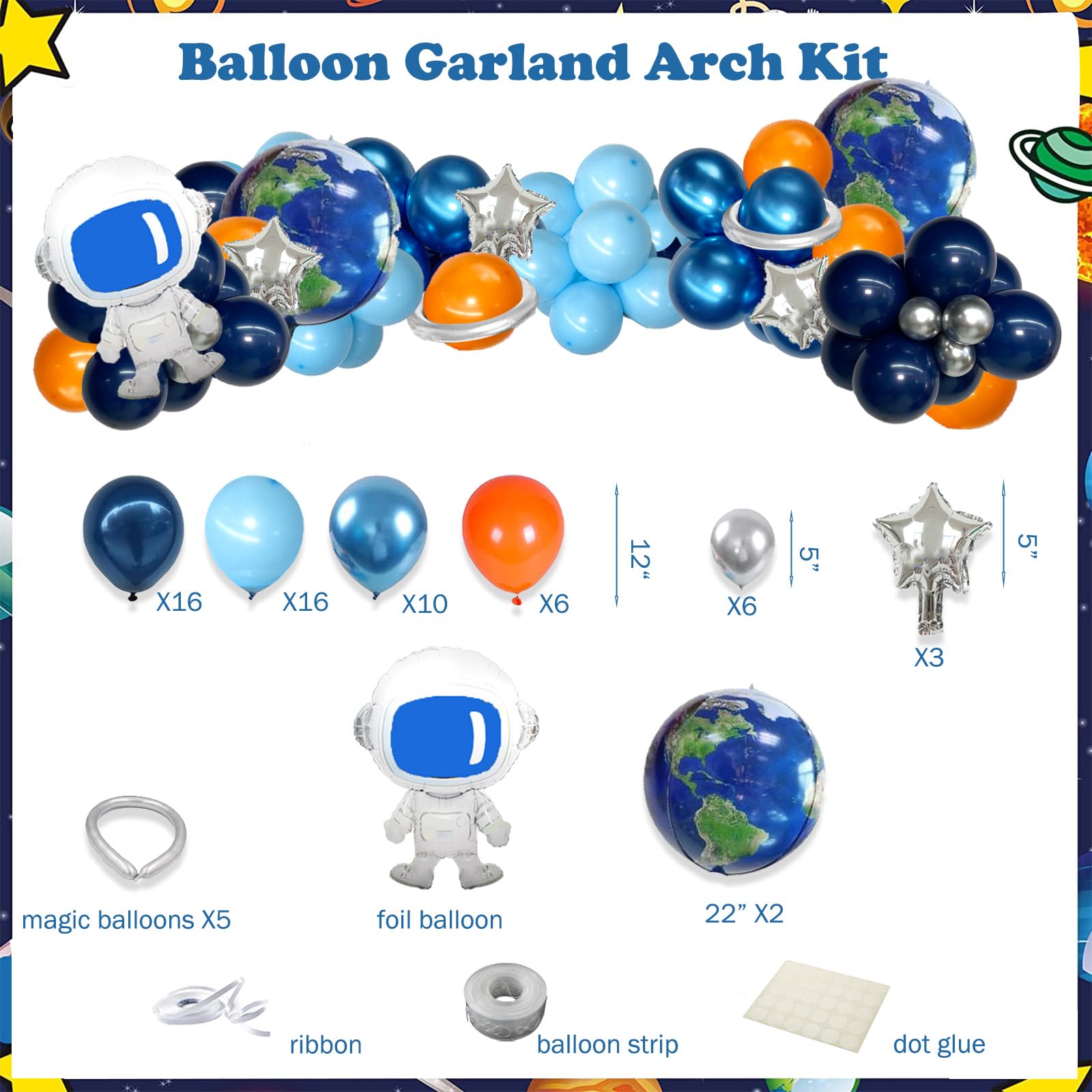 53pcs Outer Space Birthday Party Decorations - Galaxy Backdrop, Banner, Balloons & Pompoms Kit