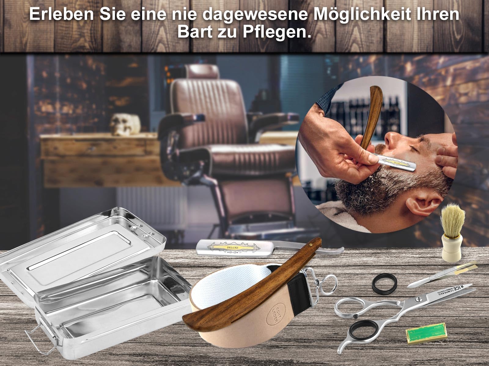 Rasiermesser Set 7 Teilig Komplett Rasier Set mit Paste aus Solingen | Klassisches Rasur-Set inkl. Rasier box, Rasierpinsel, Lederriemen, Bartschere Zupfpinzette - Ein schönes Männergeschenk
