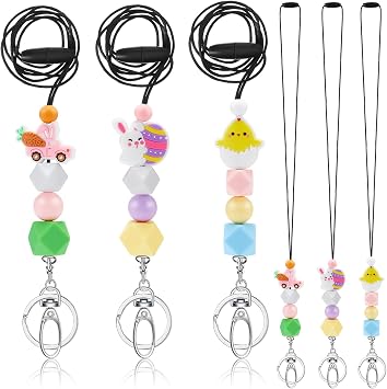 Qilery 3 Pcs Easter Bunny Lanyard for ID Badge Key 17 Cute Easter Silicone Beaded Lanyard Religious Teacher Breakaway ID Holder for Women Galentines Nurse