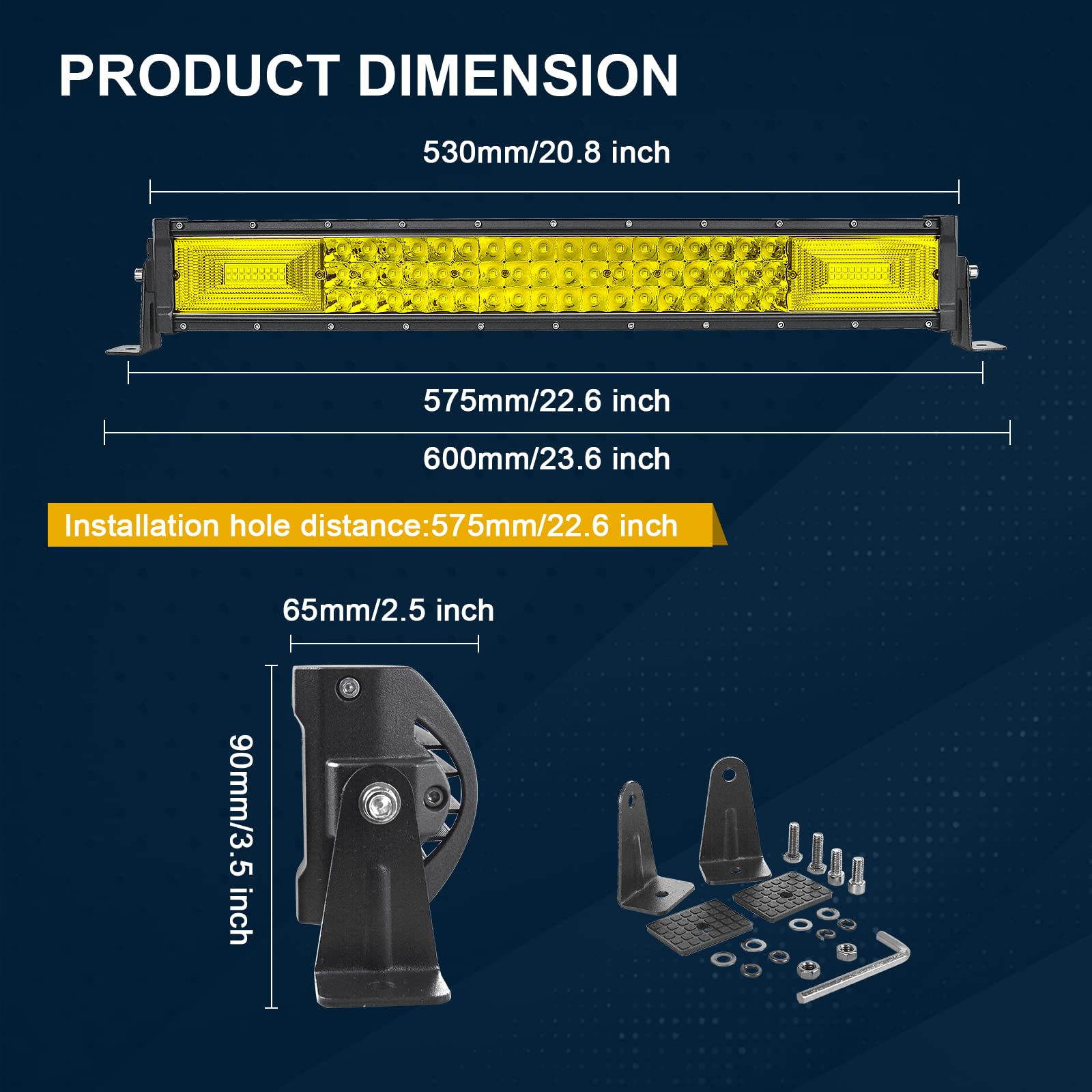 RIGIDON 12 V 24 V samochodowe światło przeciwmgielne, proste 56 cm 270 W LED światło robocze bar 7D trójrzędowa lampa robocza do jazdy terenowej ciężarówki SUV UTE ATV 4 x 4, reflektor powodziowy Combo Beam, wodoodporna, 3000 K żółty kolor