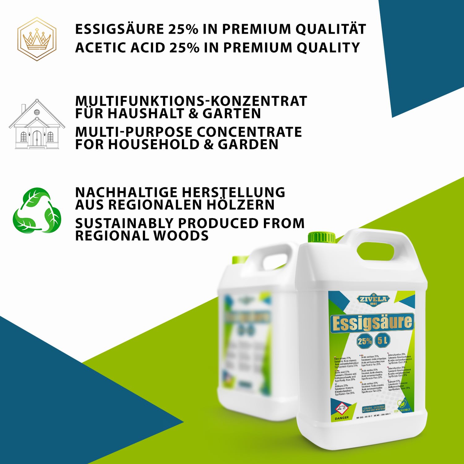 20 l di acido acetico 25% di qualità premium – il vostro tuttofare in casa | 4 x 5 l di acido acetico 25% di qualità alimentare Made in Europe