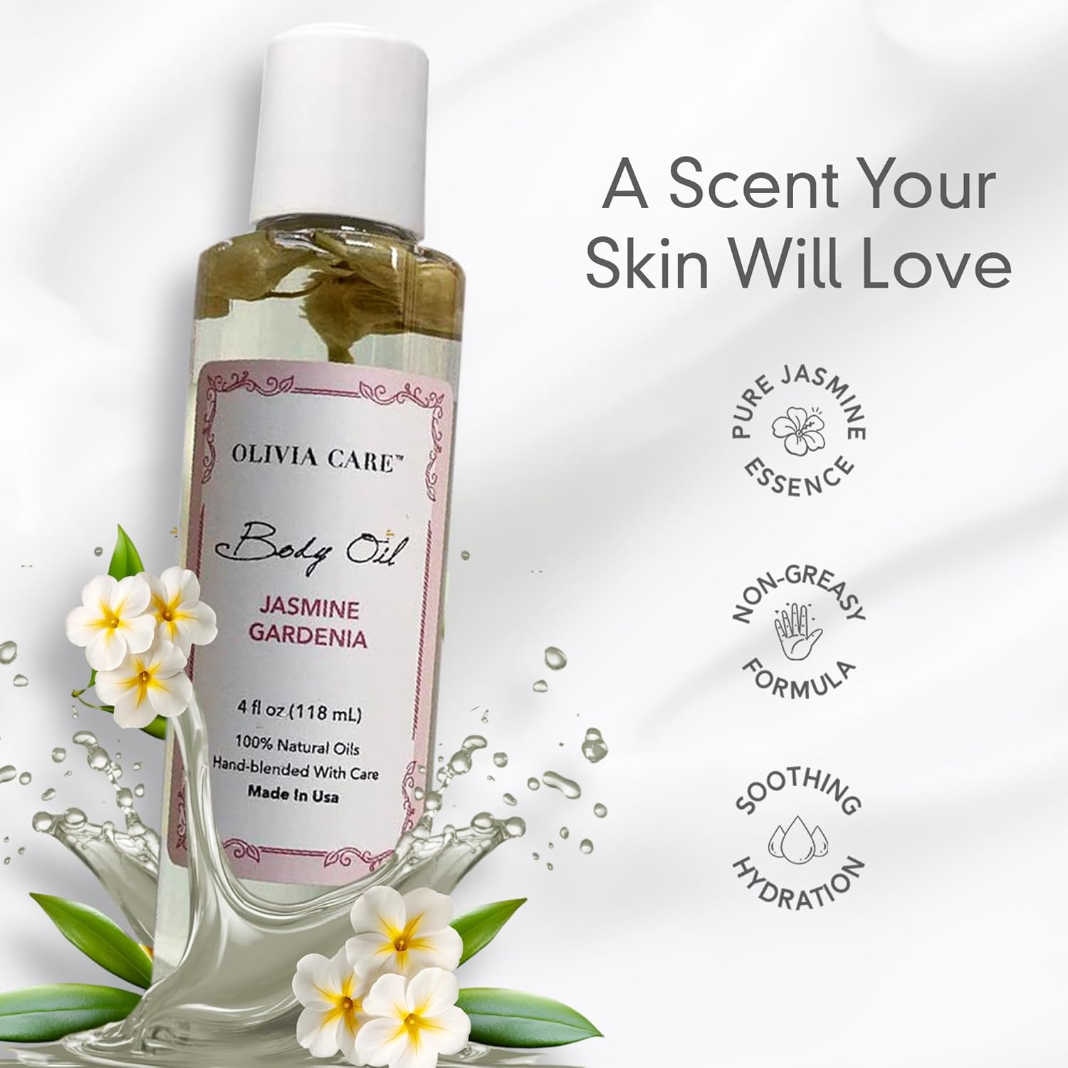 Olivia Care Jasmine Gardenia Body Oil Vegan & Natural Oil For Women | Hydrating & Moisturizing After Bath Oil - with VITAMIN E, K & Omega Fatty Acids Reduce Dry Skin - 4 OZ - Image 5