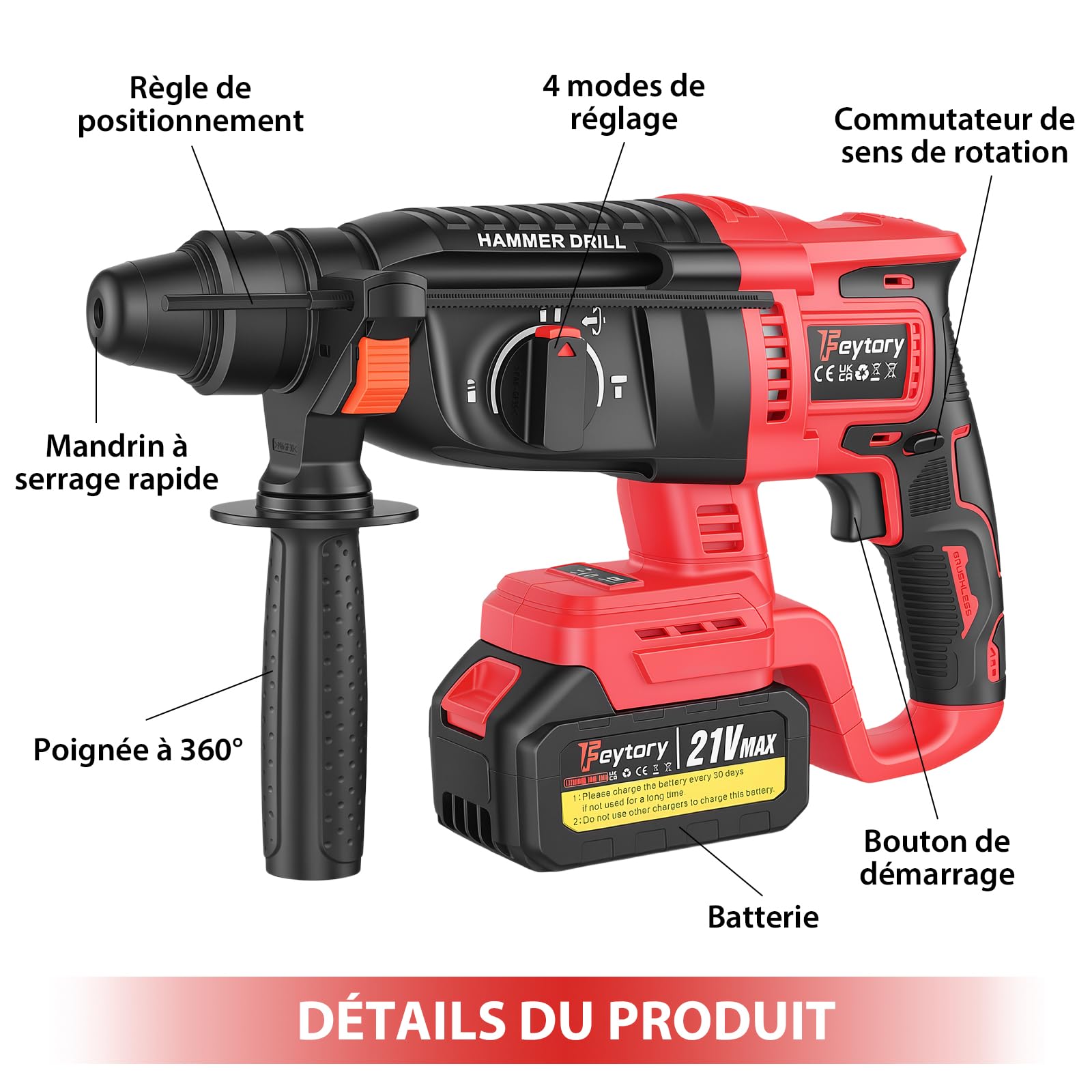 Perforateur Burineur Sans Fil 21V Brushless, 3 Modes (Perçage/Perforation/Burinage), Réglage du Ciseau, Antichoc, 1000 RPM, 4500 BPM, avec 2x Batteries 1300mAh + Coffret