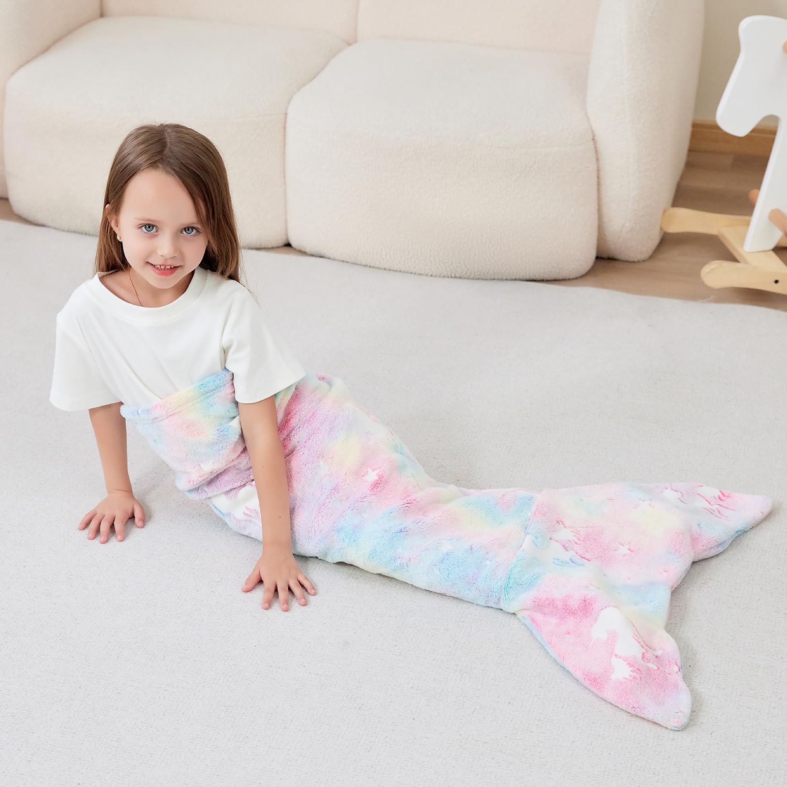 Viviland Queue de sirène phosphorescente pour Enfants – Couverture de sirène en Flanelle – Cadeau pour Filles – Étoile Lumineuse Super Douce Tie Dye Jouets pour Filles – Licorne 43,2 cm 99,1 cm
