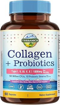 Terranics Multi Collagen Peptides Type I, II, III, V, X, 1000 mg Per Serving, with Probiotics 50 Billion CFUs, 10 Strains, Supports Skin, Bone & Gut Health, Non-GMO, 60 Capsules