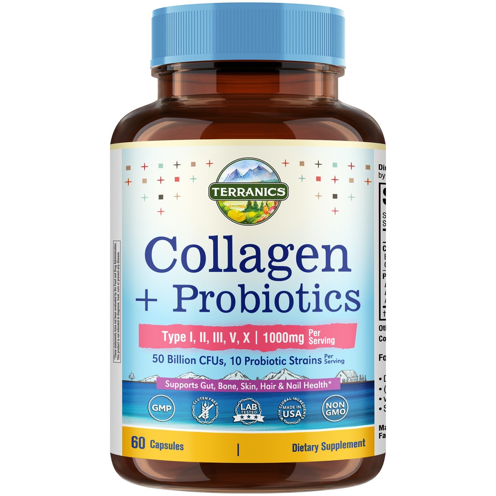 Terranics Multi Collagen Peptides Type I, II, III, V, X, 1000 mg Per Serving, with Probiotics 50 Billion CFUs, 10 Strains, Supports Skin, Bone & Gut Health, Non-GMO, 60 Capsules