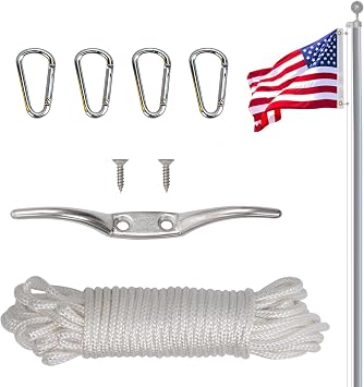 TOPFLAGS Flag Pole Rope Kit 50 Feet Replacement with 4 Pcs Swivel Snap Hook 3.3 and Cleat Hook Fits up to 25 Ft Flagpole Repair Parts Accessories for Outdoor