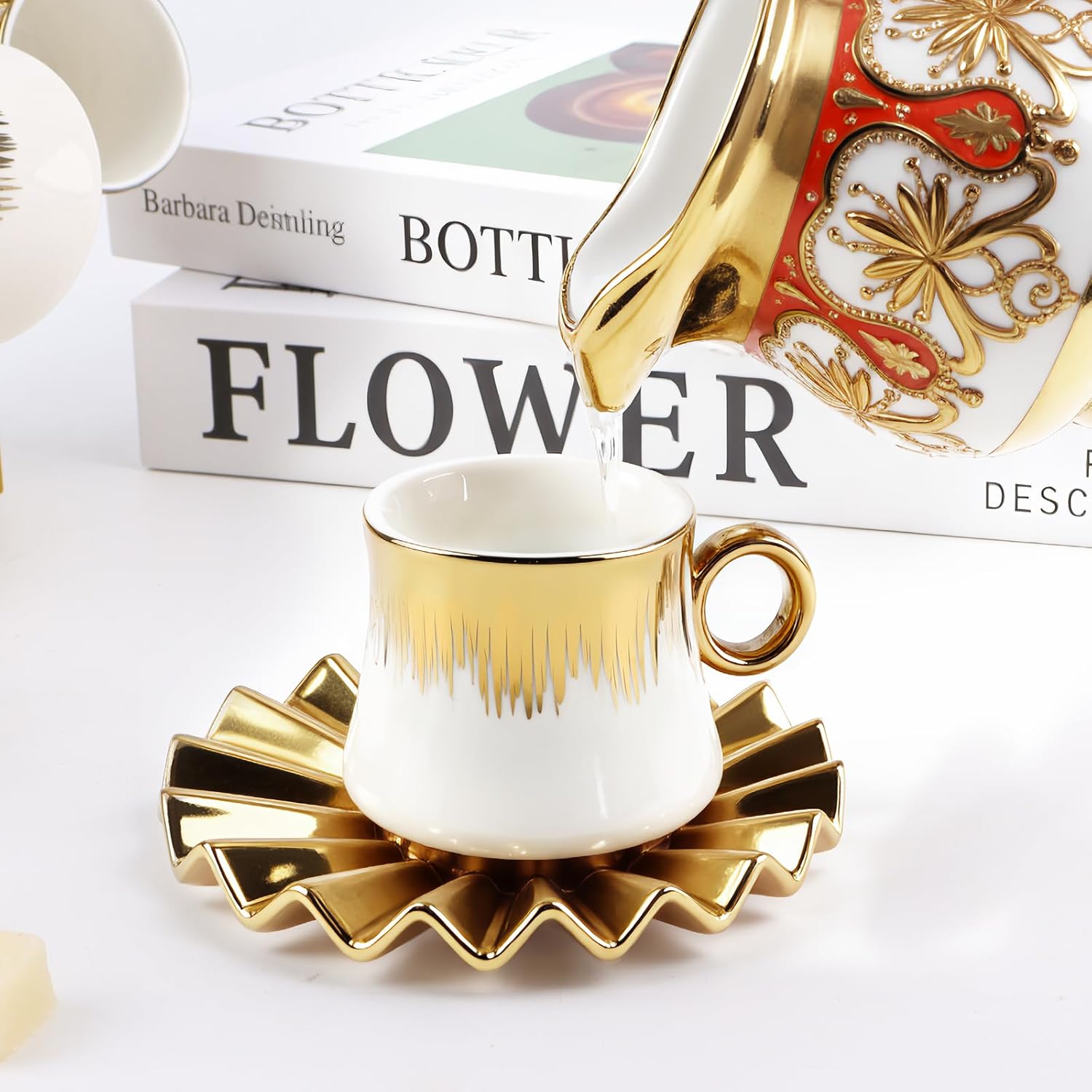 3.5oz Ceramic Espresso Cups Set of 6, Small Stackable Coffee Cups with Saucers, Ottoman-Style Turkish Coffee Cup Set for Tea, Espresso, Latte, Coffee, Cafe Mocha, Black Gift Box with Window(White)