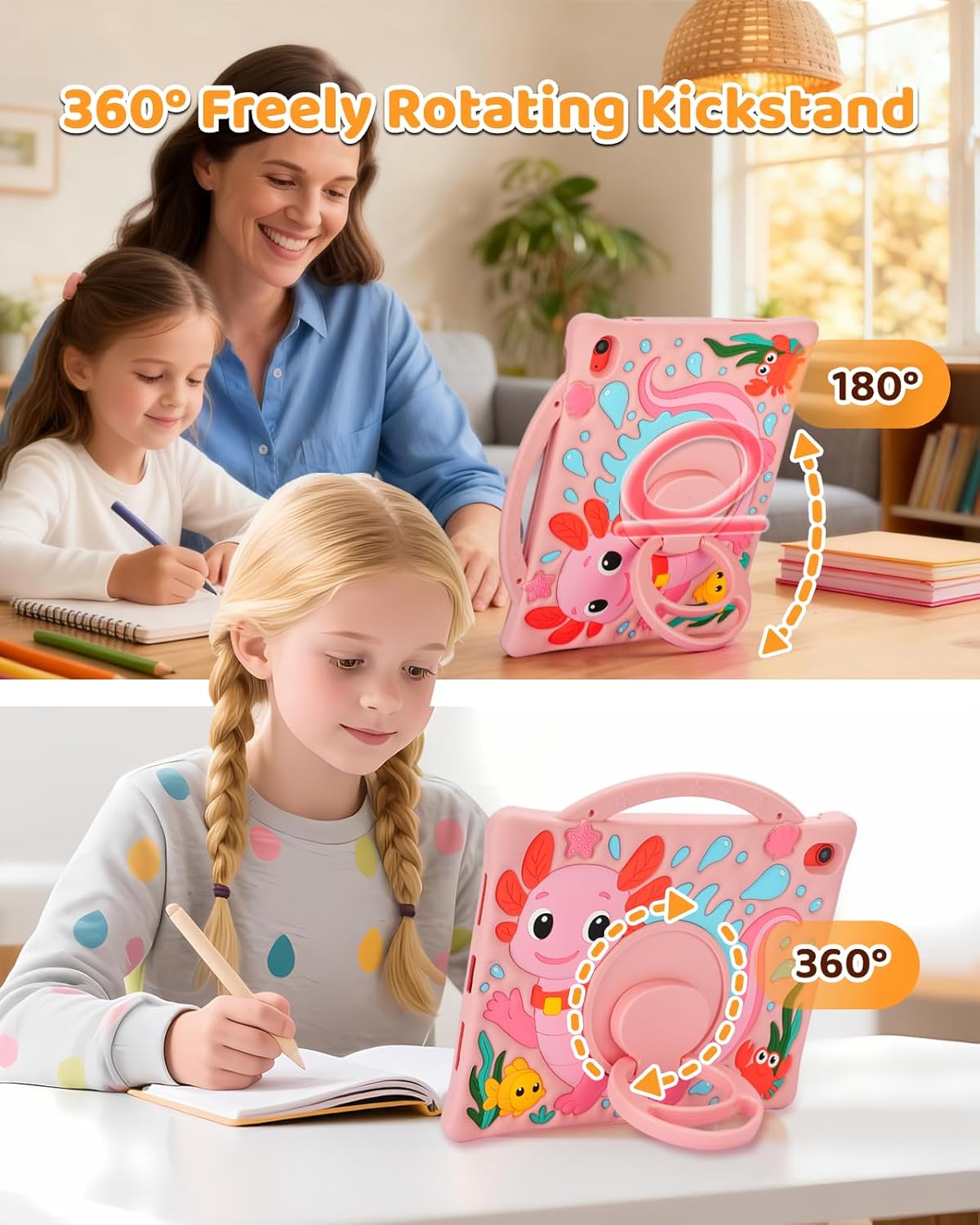 Kids Case for iPad A16 11th Gen 11" 2025 & iPad 10th Gen 10.9" 2022, Axolotl 3D Cute Silicone Kids Cover with Rotating Stand, Adjustable Strap & Pencil Holder for Girls Teens (Pink)