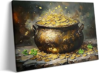 St. Patrick's Day Canvas Wall Art, Pot of Gold Lucky Green Shamrock Pictures Print Wall Oil Paintings, Festive Irish Aesthetic Artwork, St. Patrick’s Day Decor for Living Room Bedroom 11x14inch - Buy now